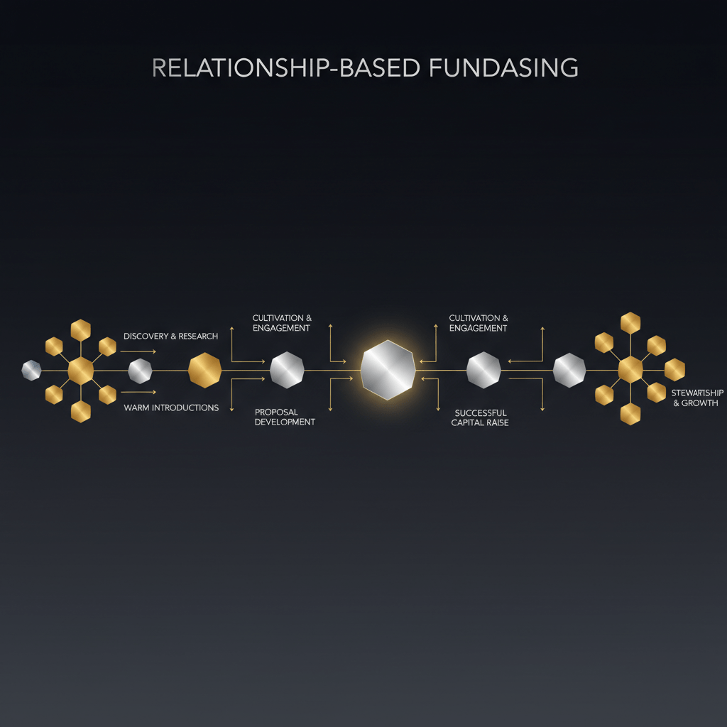An infographic illustrating relationship-based fundraising as a network of interconnected geometric nodes, forming a successful capital raising pipeline.