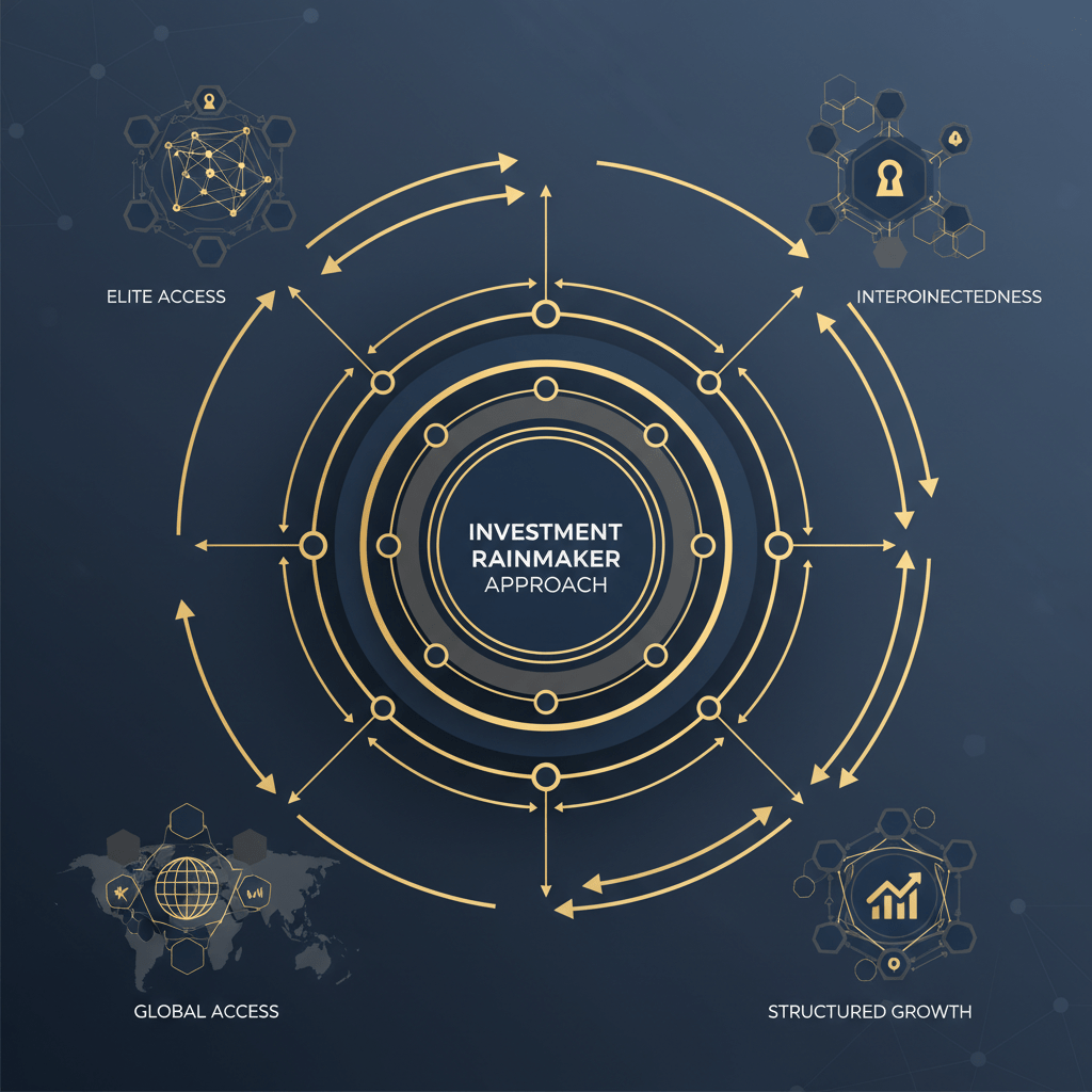 An infographic illustrating the GILD Investment Rainmaker Approach as a structured network of interconnected nodes and layers, highlighting global reach.