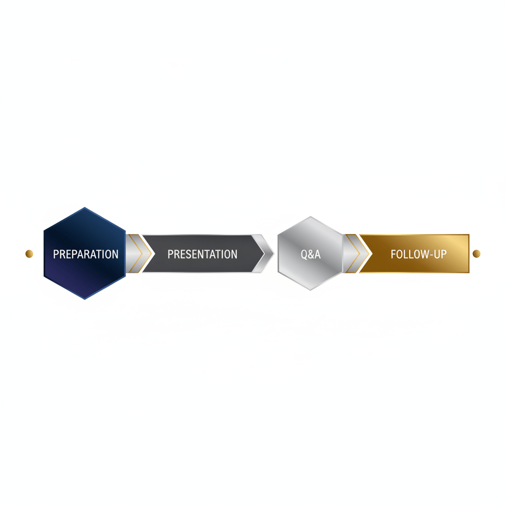 An infographic showing a clear, linear progression bar with four distinct geometric steps, each representing a stage in a professional pitch process, highlighted with silver accents on a charcoal background.