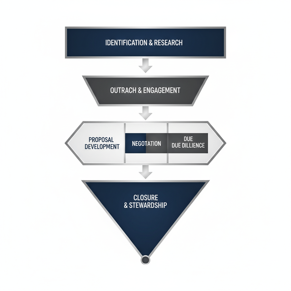 An infographic showing a multi-stage fundraising pipeline with geometric shapes indicating strategic steps and progression.