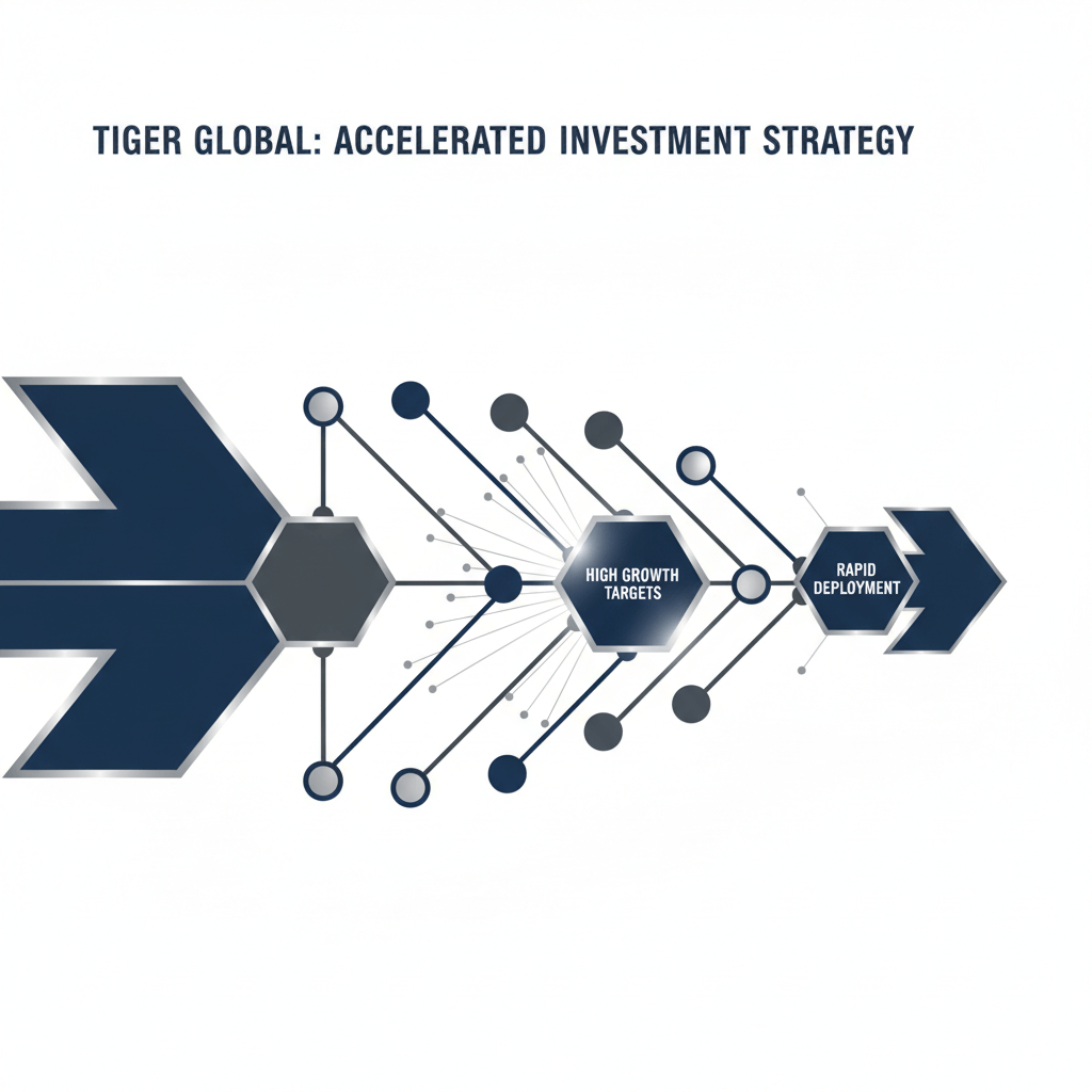 An infographic showing a streamlined, rapid deal-flow process with interconnected geometric shapes and lines, representing Tiger Global's fast investment philosophy. Key nodes are highlighted. Colors are deep navy, charcoal, and silver on a white background.