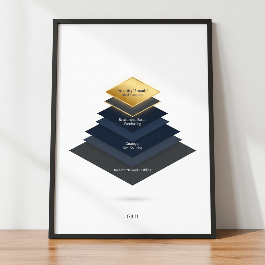 An infographic showing a structured, ascending layered system representing GILD's Investment Rainmaker methodology, leading to attracting top-tier investors.