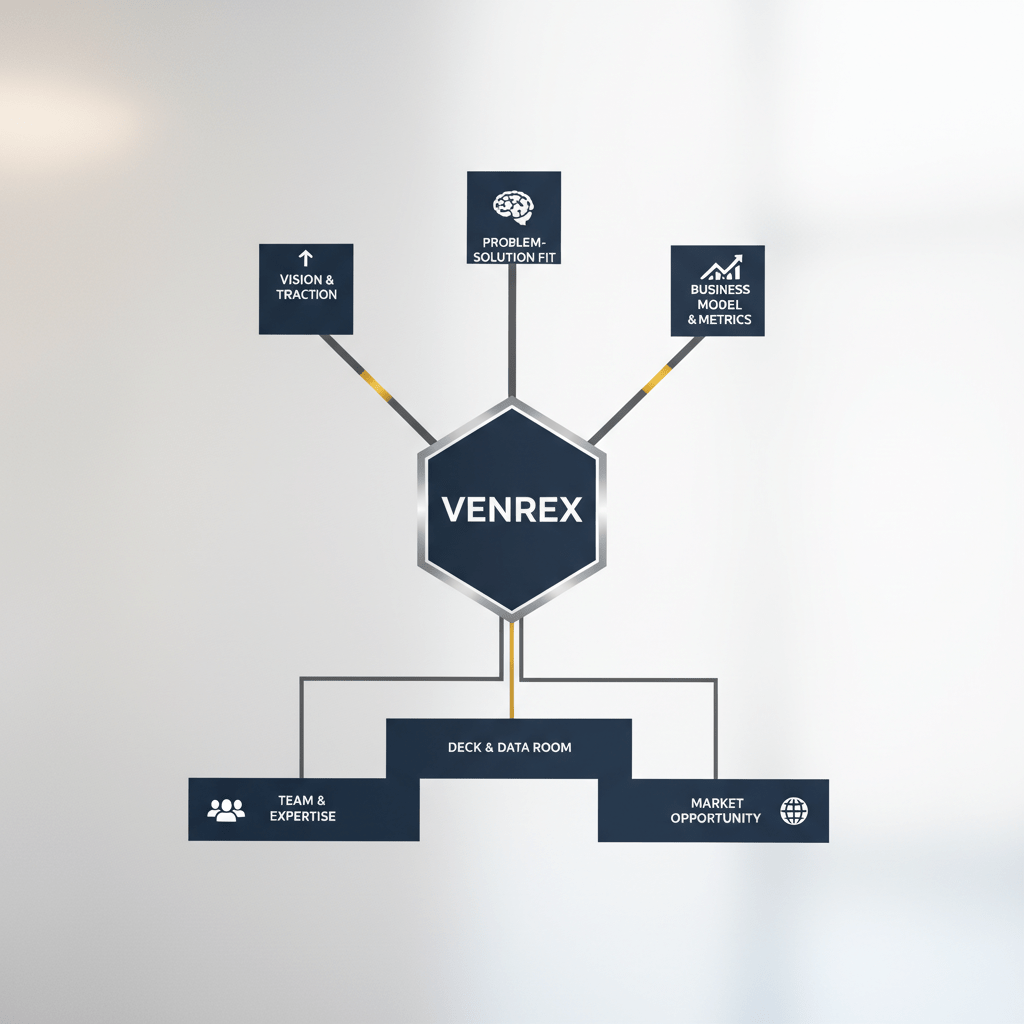 An infographic showing a structured, multi-layered diagram outlining key considerations and preparatory steps for founders engaging with Venrex Capital.