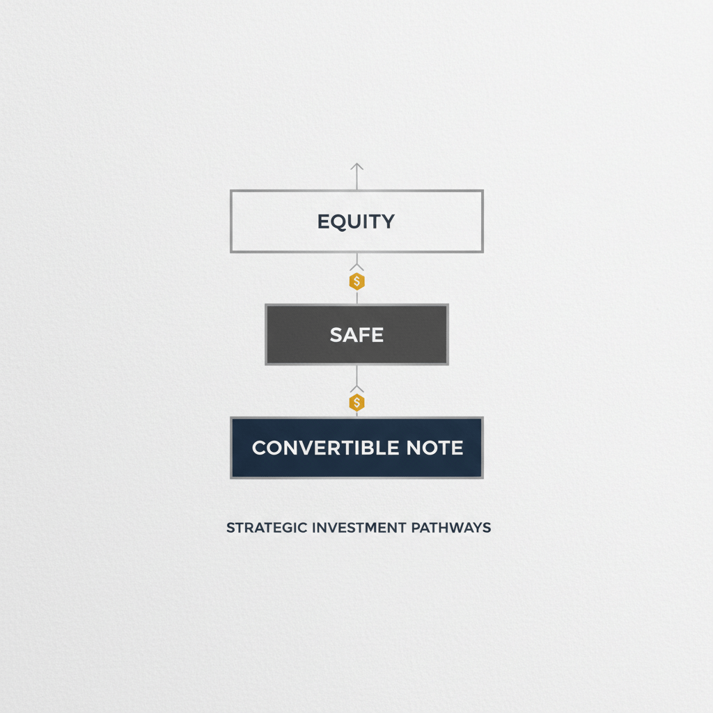 An infographic showing three stacked, clean geometric blocks representing different investment structures, such as Convertible Note, SAFE, and Equity, with subtle silver accents on a deep navy background.