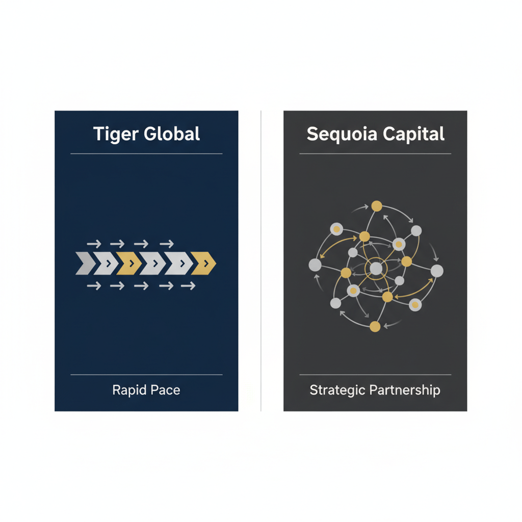 An infographic split down the middle. The left side shows a linear, fast-paced pipeline with geometric shapes representing Tiger Global's rapid investment approach. The right side shows an interconnected network of nodes and lines, illustrating Sequoia Capital's strategic, long-term partnership method. Colors are deep navy, charcoal, silver, and gold on white.