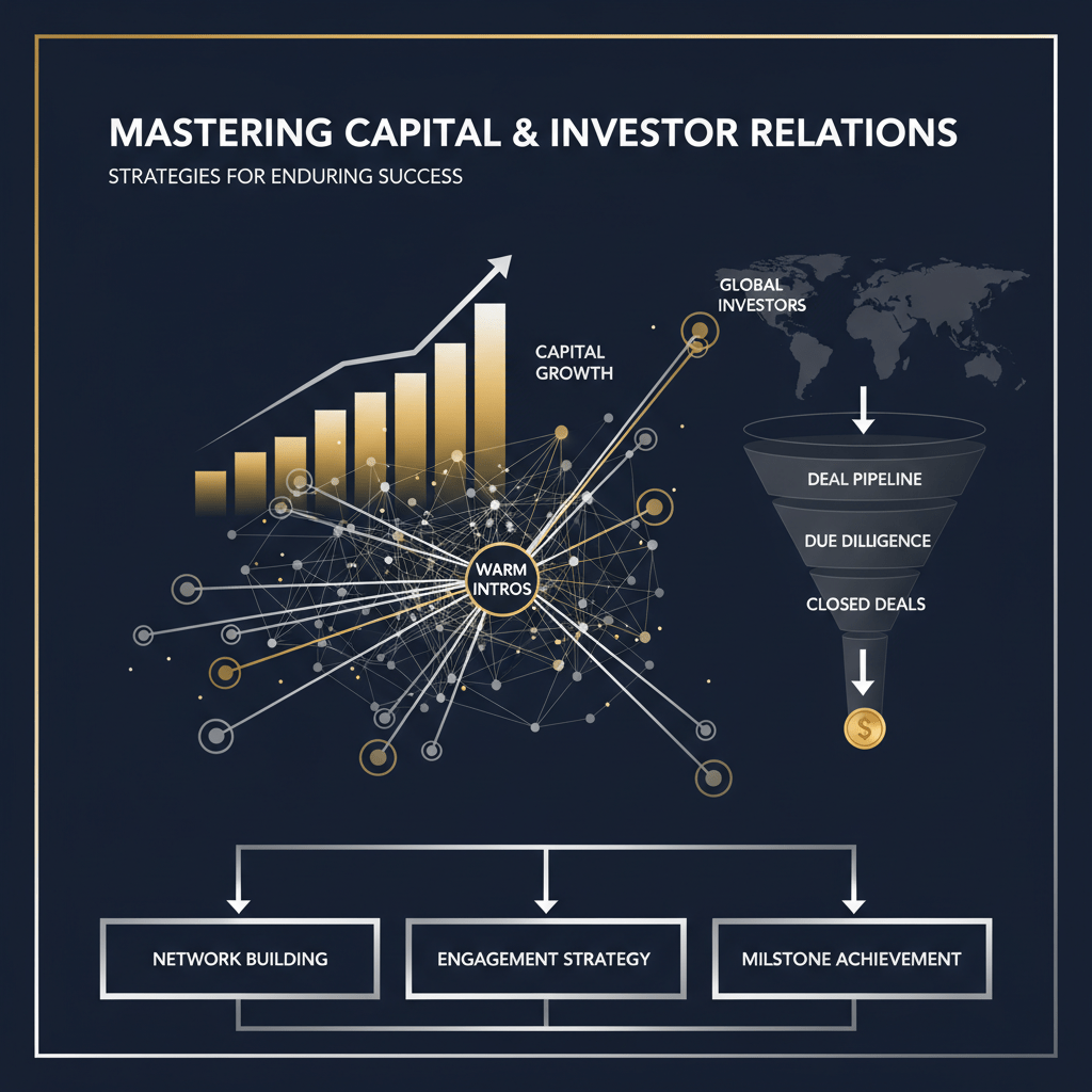An infographic-style header image featuring a sophisticated network graph of interconnected nodes symbolizing investor relationships and global connections for capital raising. The visual incorporates an ascending growth chart and a strategic funnel diagram illustrating capital flow and deal pipeline progression, all rendered with clean geometric shapes and subtle gradients. A premium color palette of deep navy, charcoal, white, and metallic silver and gold accents enhances the modern, minimalist design, conveying expertise and strategic success in investor relations.