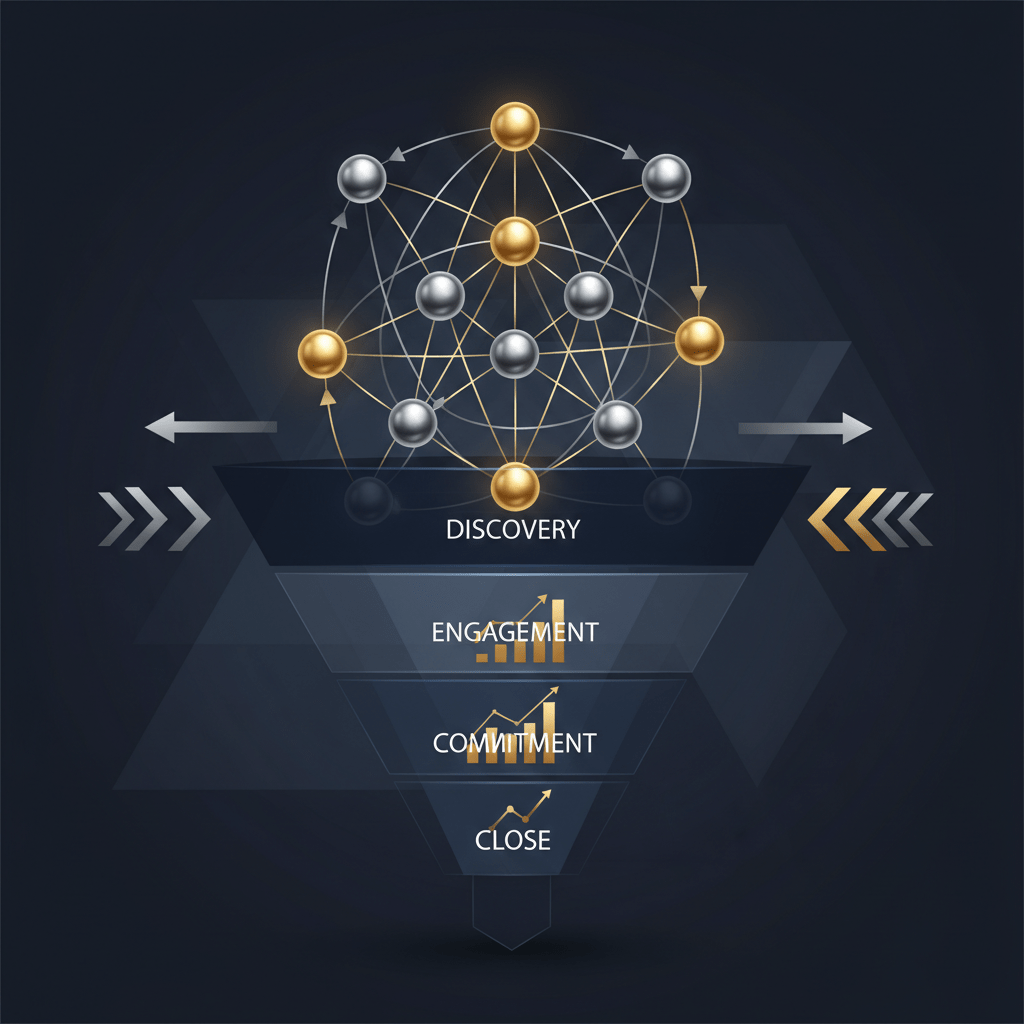 An infographic-style header image featuring a sophisticated network graph of interconnected nodes and lines, representing investor relationships and capital flow. It overlays a multi-stage funnel diagram with ascending metallic gold bar charts, illustrating strategic capital raising progression and growth. The design is modern, vector-based, and minimalist, using a color palette of deep navy, charcoal, and metallic silver and gold to convey premium quality and strategic success.