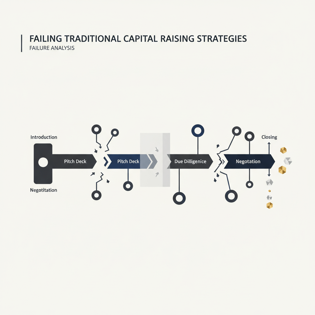 An infographic visually representing traditional capital raising strategies as a broken, fragmented pipeline with disconnected stages and lost opportunities.