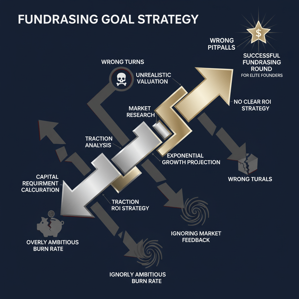 An infographic with a clear strategic path in gold/silver, showing branching 'wrong turns' or 'pitfalls' in charcoal to represent common mistakes to avoid when setting fundraising goals.