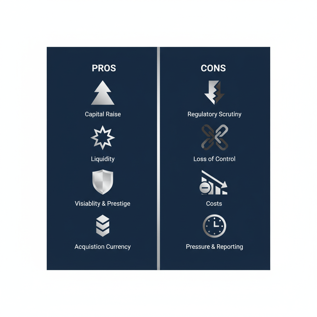 An infographic with a two-column layout comparing the abstract pros and cons of an IPO using minimalist geometric icons and a professional color palette.
