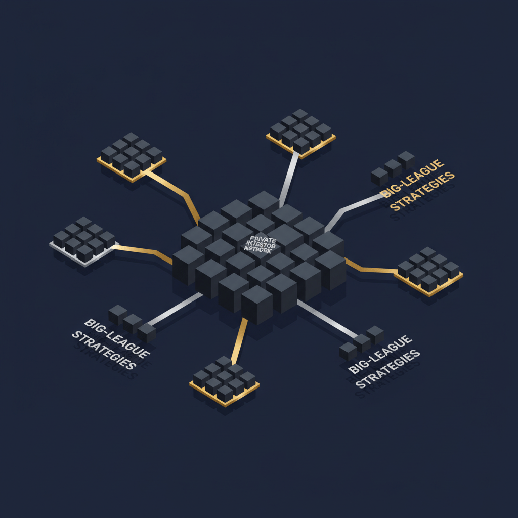 An isometric infographic showing a central private investor network with strategic connections radiating outwards to distinct clusters representing big-league strategies.