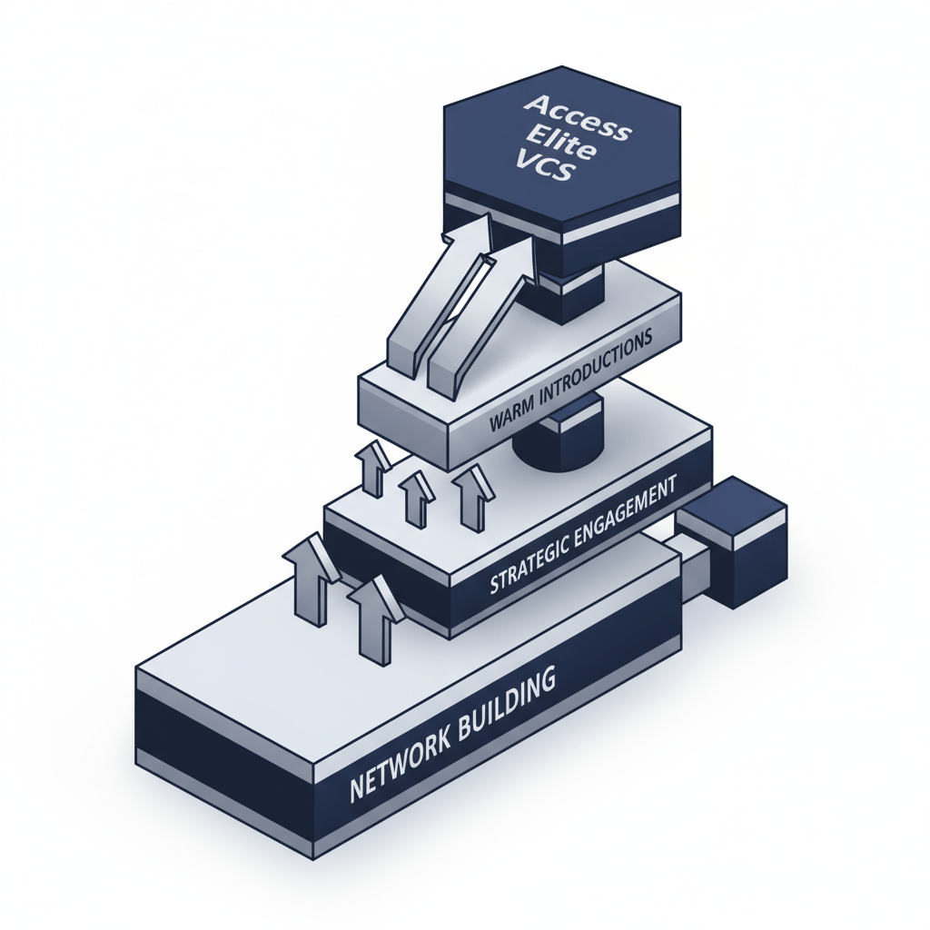 An isometric infographic showing a multi-layered process. The bottom layer is 'Network Building', leading to 'Strategic Engagement', then 'Warm Introductions', and finally a pinnacle 'Access Elite VCs'. Geometric shapes and directional arrows are used, in deep navy, charcoal, and silver on white.