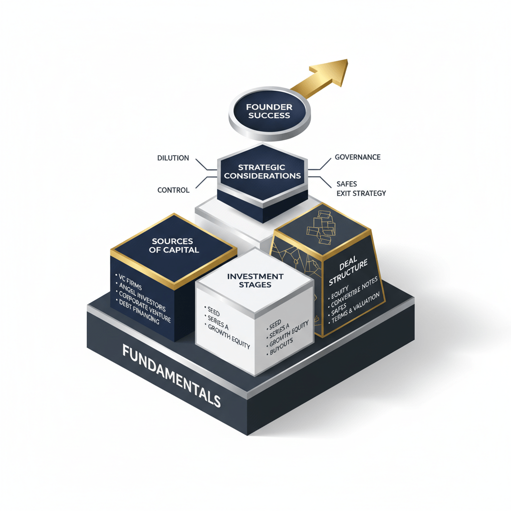 An isometric infographic showing a structured, layered diagram representing key components founders should understand about capital funds.