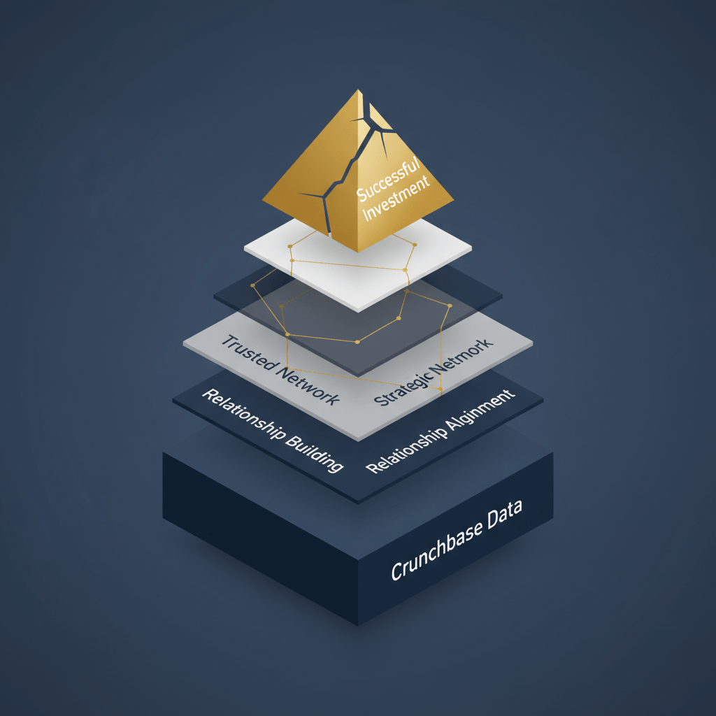 An isometric layered diagram showing 'Crunchbase Data' as a solid base, with subsequent, less complete layers for 'Relationship Building' and 'Trusted Network', illustrating that data alone isn't enough for securing investment.