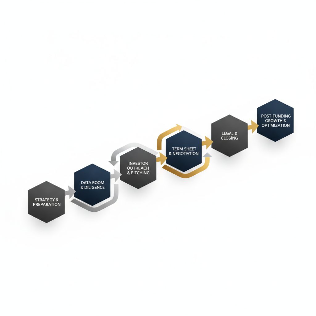 An isometric, multi-stage process diagram illustrating the sequential steps of growth stage capital raising, using geometric blocks and directional lines with silver accents.