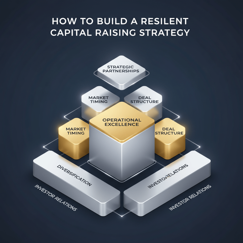 Diagram illustrating a multi-step, layered framework for building a resilient capital raising strategy.