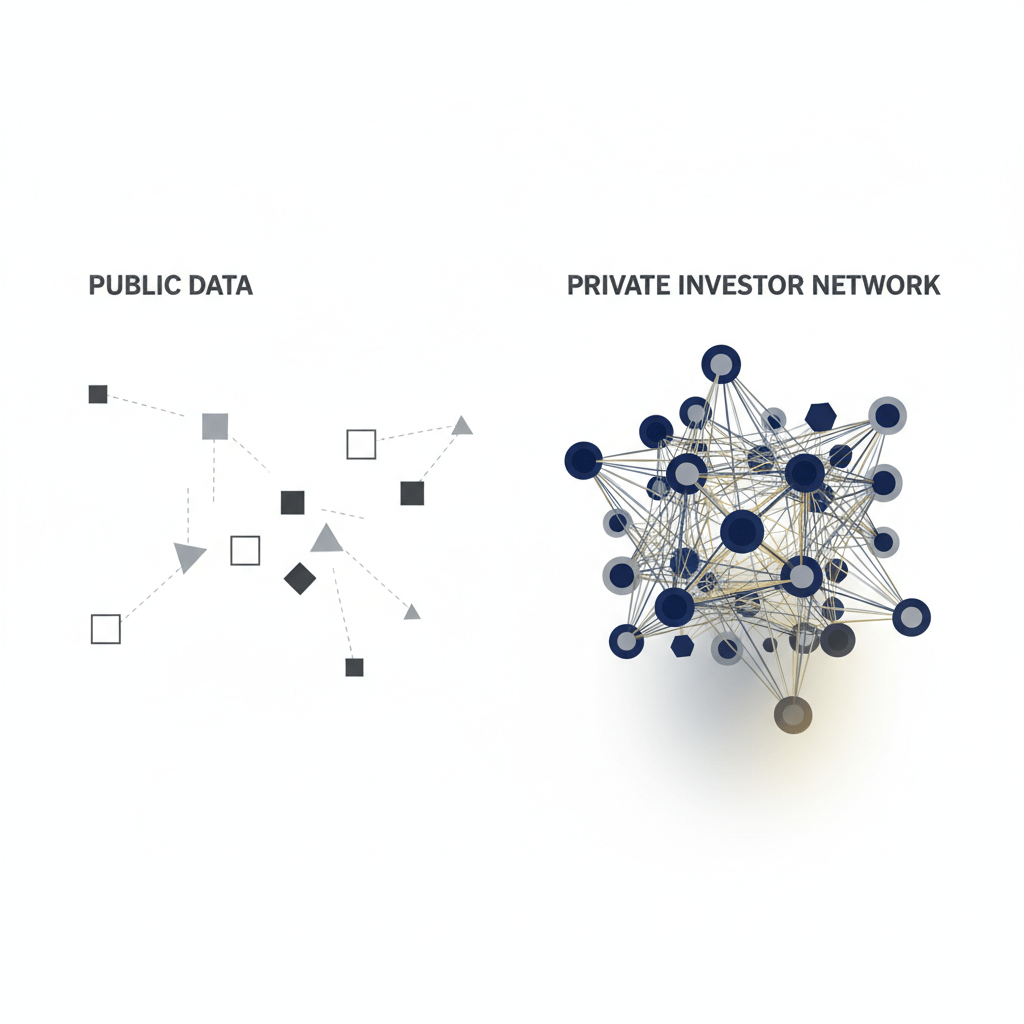 Infographic comparing public data, shown as scattered, disconnected shapes, with a private investor network, depicted as a dense, highly interconnected web of nodes.