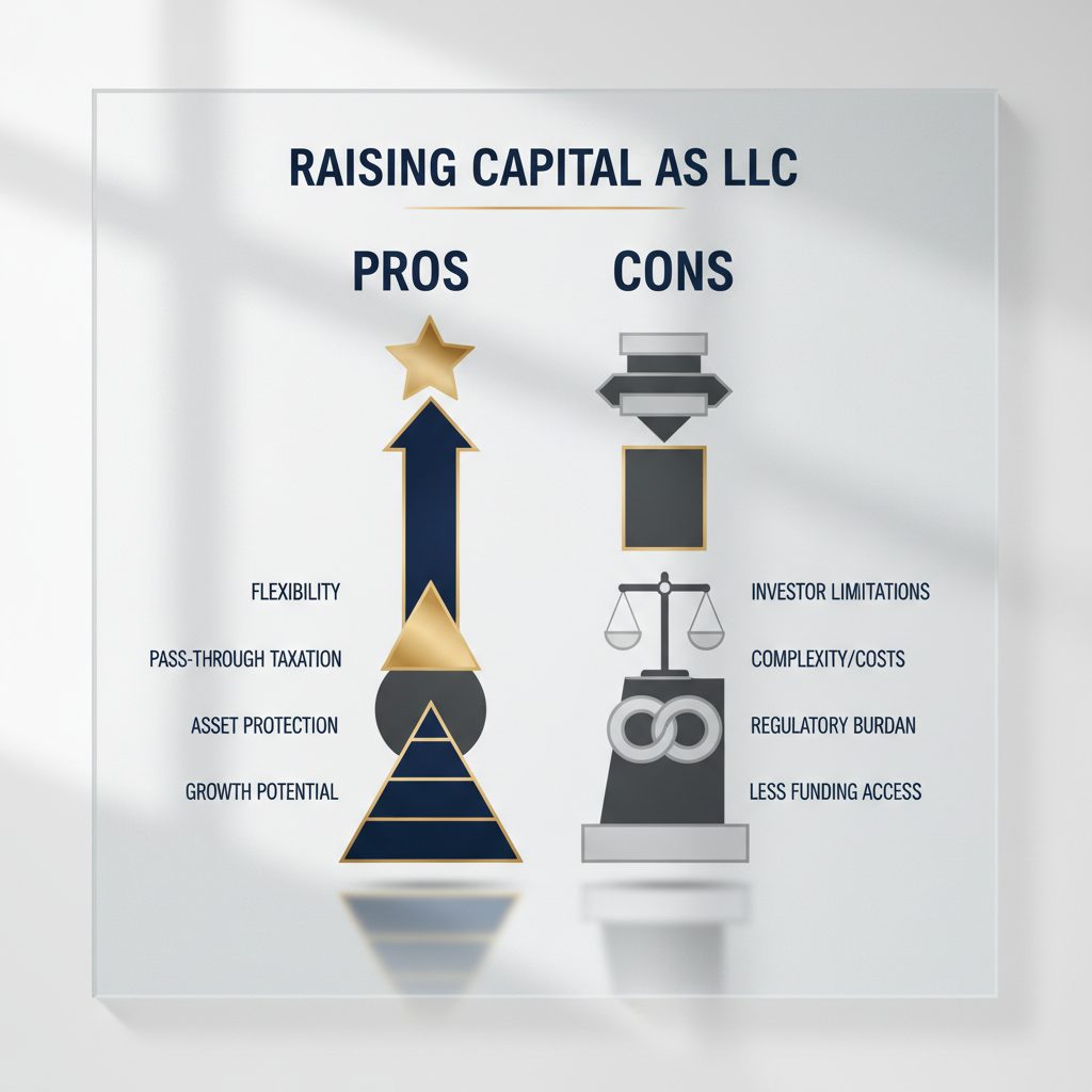 Infographic comparing the pros and cons of raising capital as an LLC, depicted with two distinct, balanced columns of abstract geometric shapes.