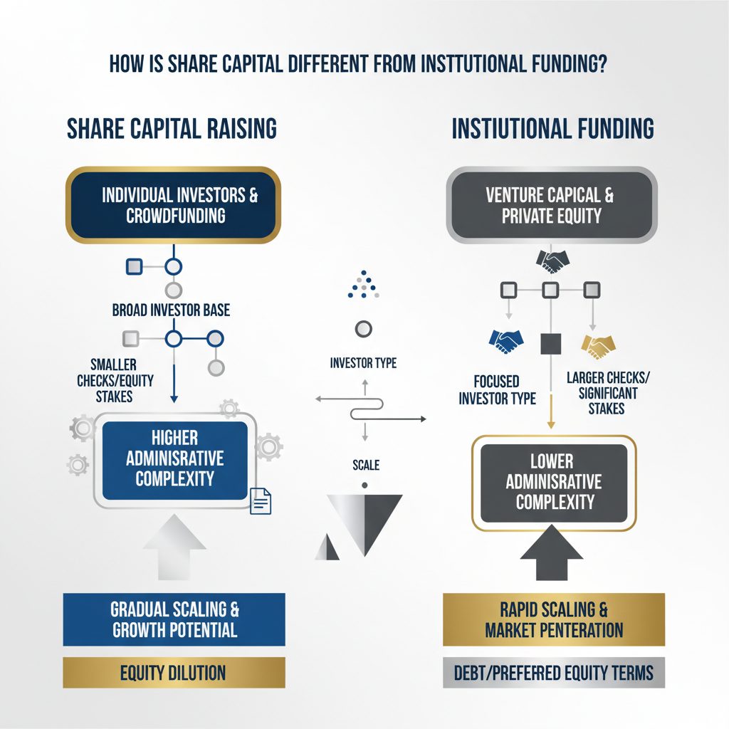 Infographic comparing two distinct capital raising paths: share capital raising and institutional funding, highlighting their differences with abstract visual elements.