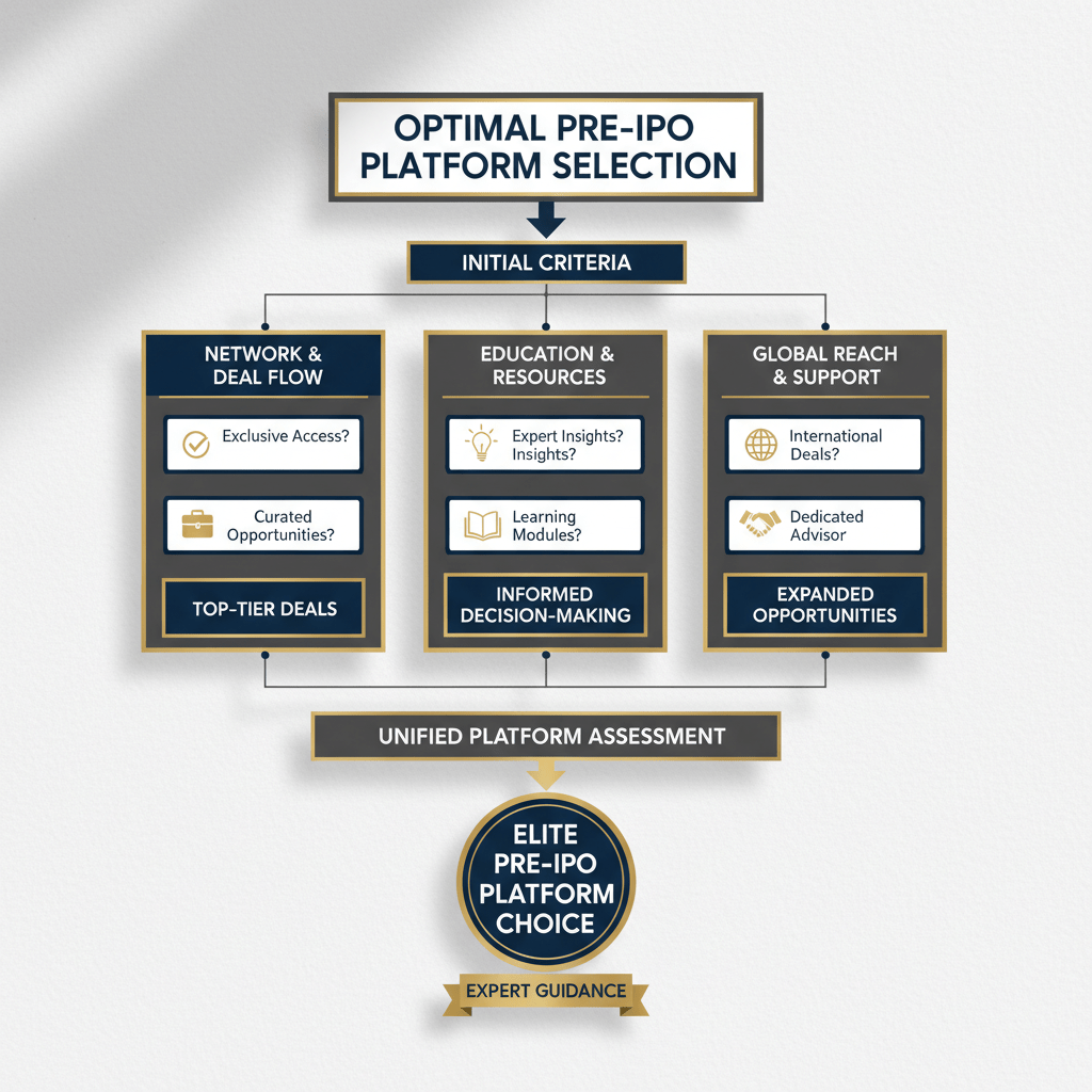 Infographic depicting a layered framework or decision tree guiding the selection of the best Pre-IPO investment platform based on various criteria such as network quality and deal flow.