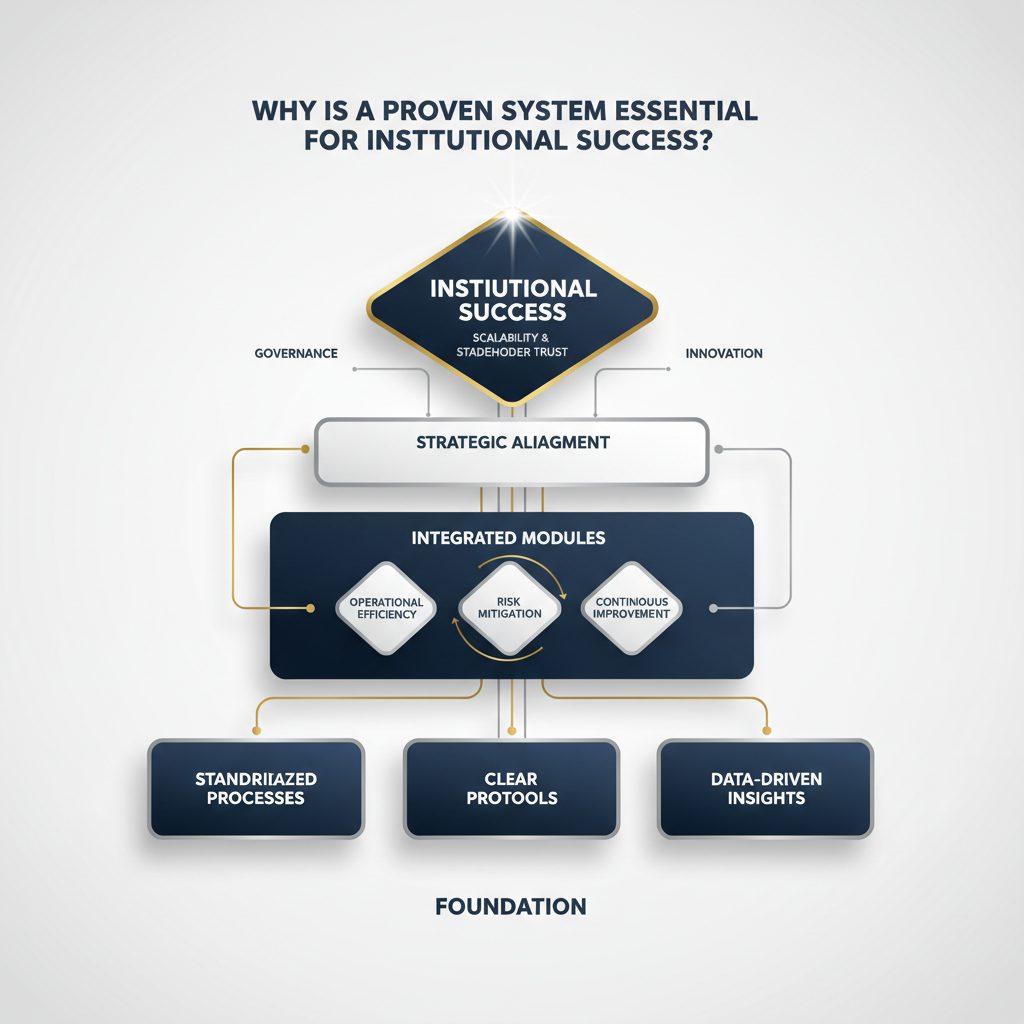 Infographic depicting a layered, structured system framework, illustrating the essential, interconnected components of a proven system for institutional success.