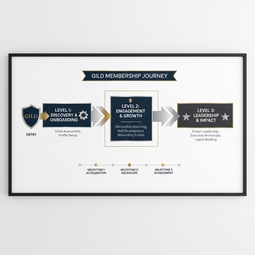Infographic displaying a multi-layered framework or step-by-step process diagram illustrating how the GILD Membership Program operates.