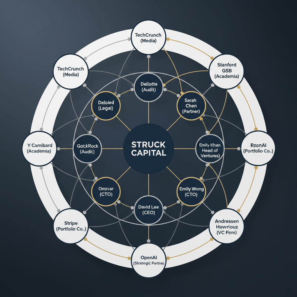 Infographic displaying a relationship map of key people and entities, using interconnected nodes and geometric shapes on a dark background.