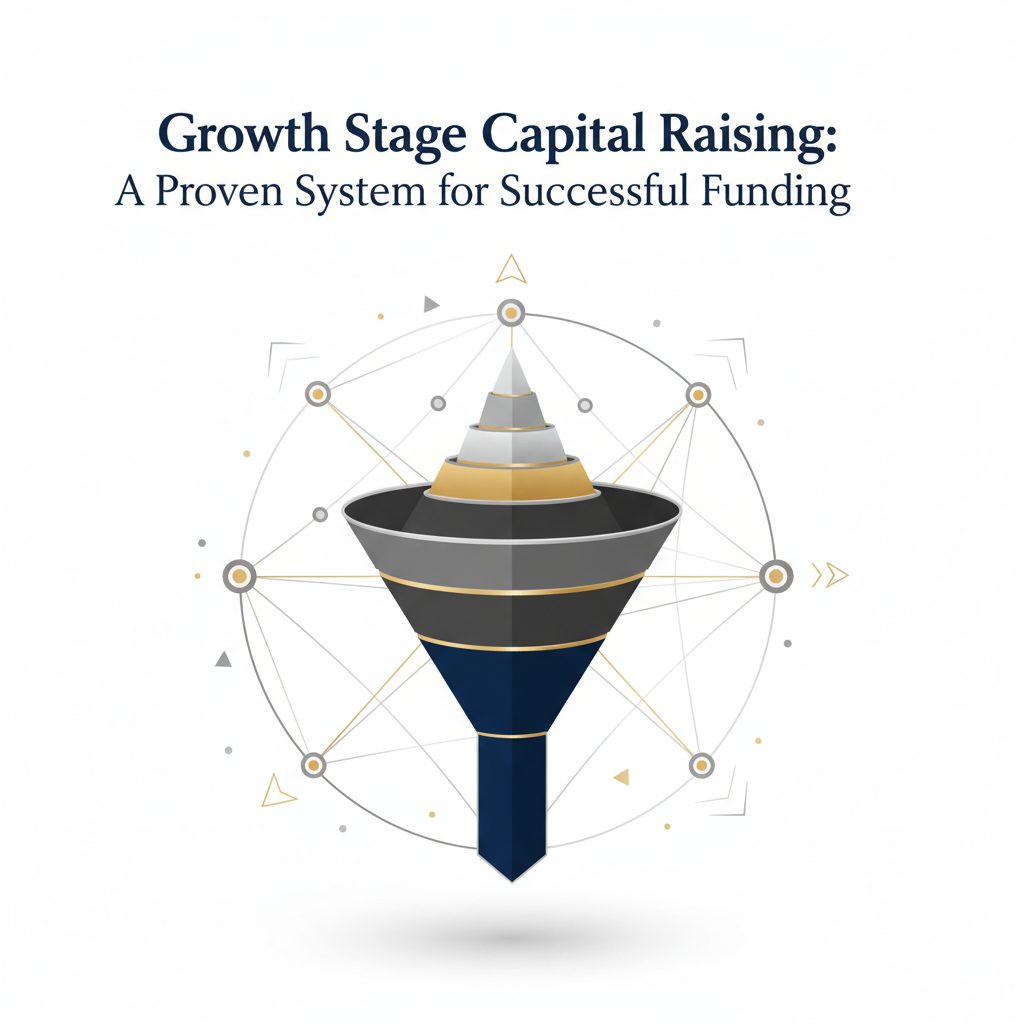 Infographic header image featuring a sophisticated, multi-stage growth funnel or layered strategic framework in deep navy and charcoal, accented with metallic silver and gold gradients, symbolizing successful capital raising. Surrounding it is an interconnected node network with metallic lines, representing robust investor relationships and warm introductions. Abstract data points and upward arrows signify growth and a proven system for funding.