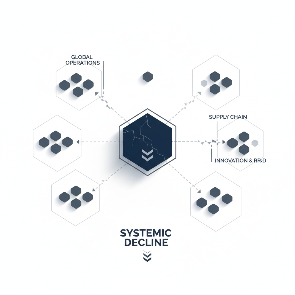 Infographic illustrating a failing business system with broken connections and declining indicators.