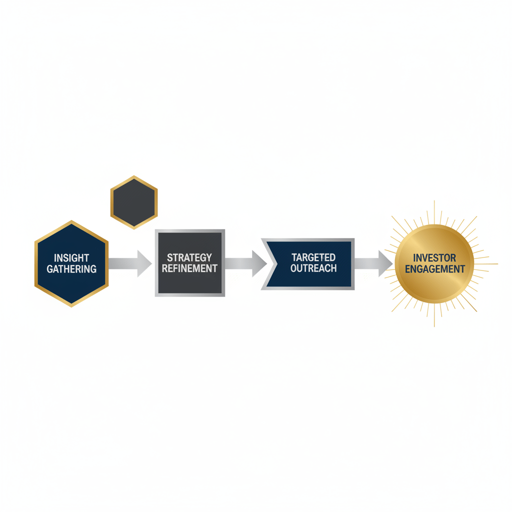 Infographic illustrating a strategic fundraising pipeline with interconnected geometric nodes showing progression from insight gathering to investor engagement.