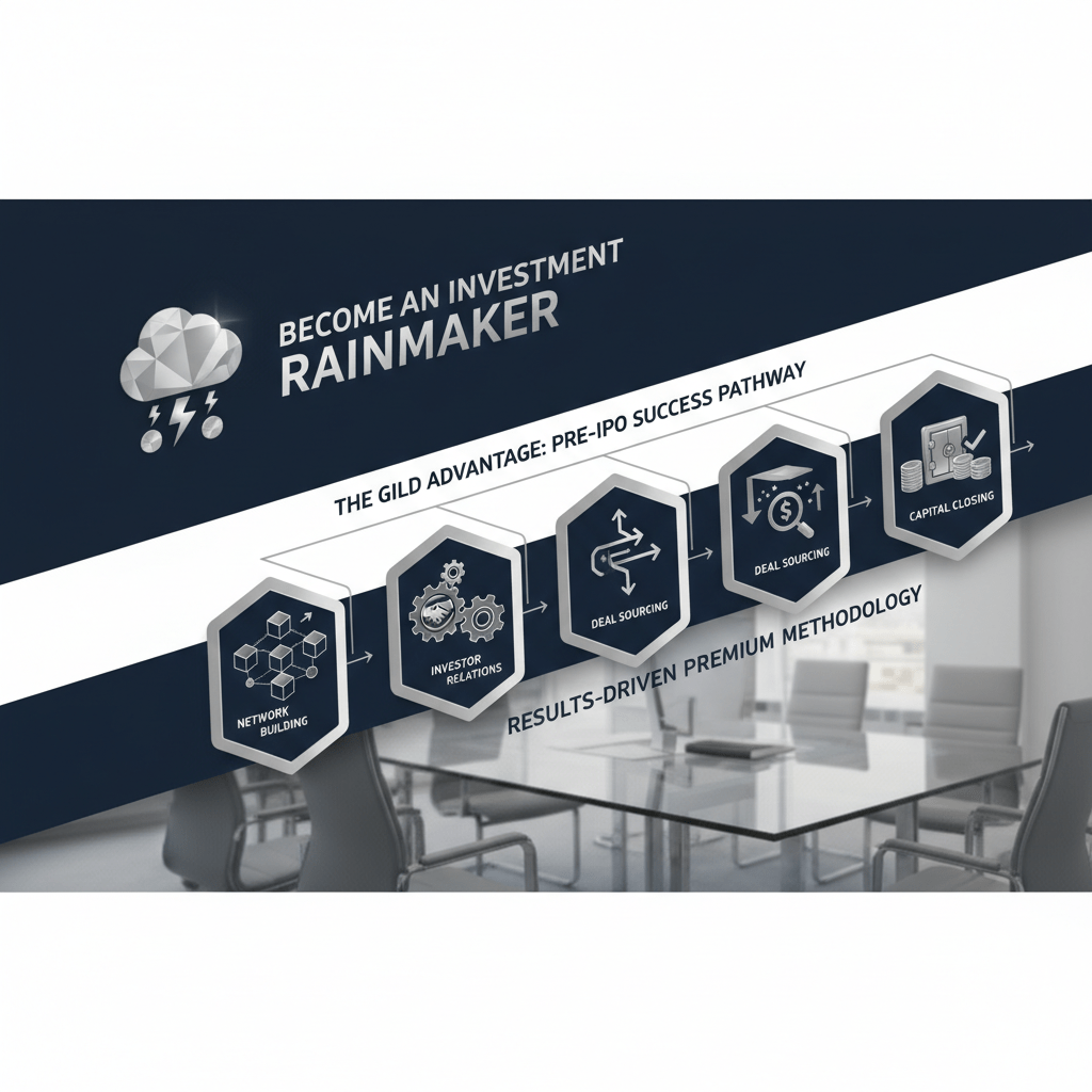 Infographic illustrating GILD's structured, layered system for Pre-IPO success as a sophisticated deal-flow pipeline, highlighting key stages from network building to capital closing and emphasizing becoming an Investment Rainmaker.