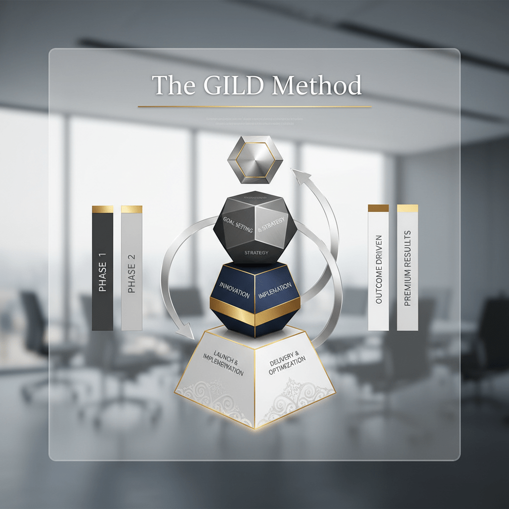 Infographic illustrating 'The GILD Method' as a structured, layered process diagram with milestone steps, using geometric shapes and metallic highlights.