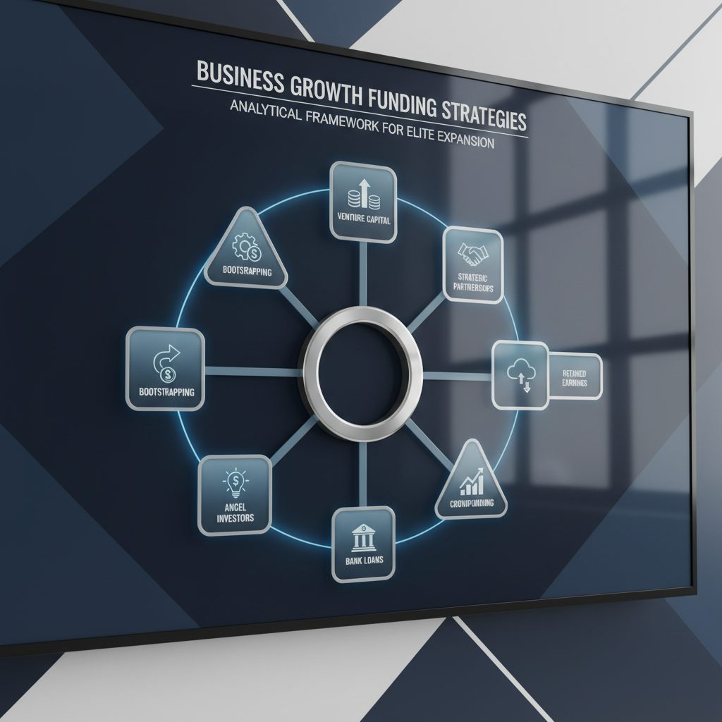 Infographic outlining seven distinct, structured funding ideas for business growth, presented as interconnected geometric elements.