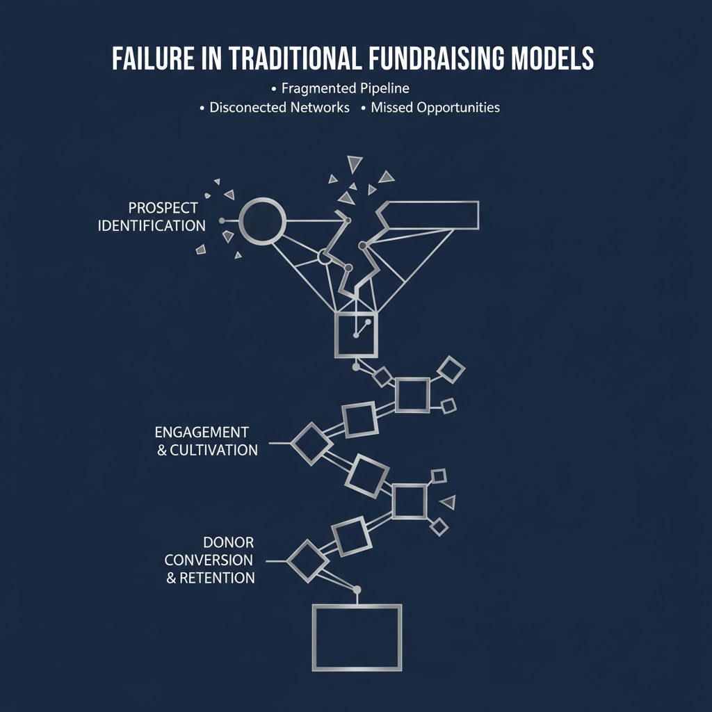 Infographic showing a broken pipeline and disconnected network nodes, symbolizing the failure points in traditional business fundraising models.