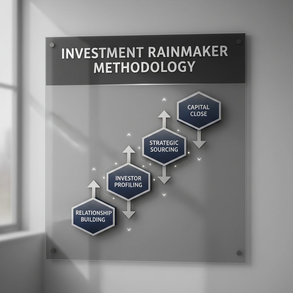 Infographic showing a four-stage capital raising pipeline: Relationship Building, Investor Profiling, Strategic Sourcing, and Capital Close.