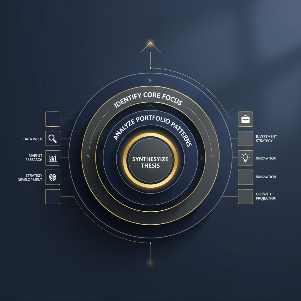 Infographic showing a layered framework diagram with three stacked geometric layers, representing stages to decode an investment thesis.