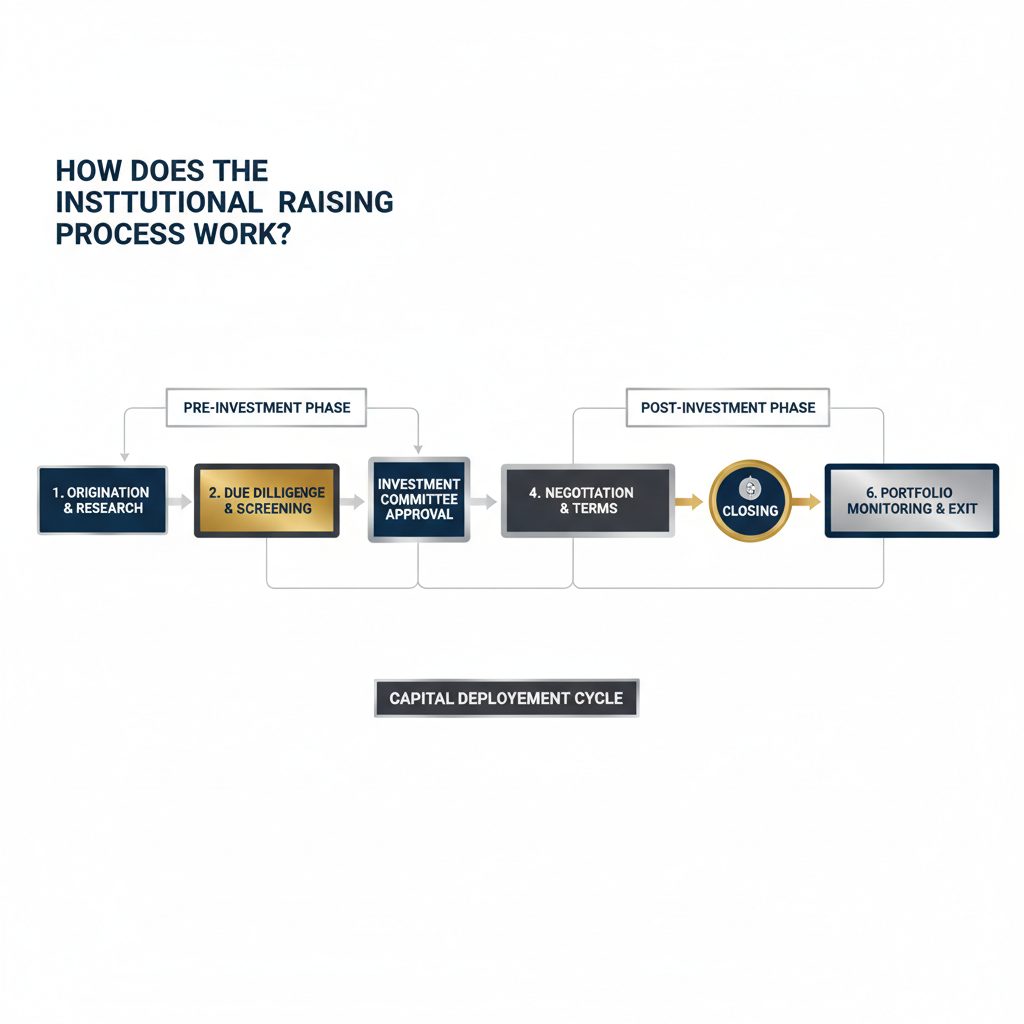 Infographic showing a multi-stage fundraising pipeline with interconnected nodes, illustrating the step-by-step institutional capital raising process.