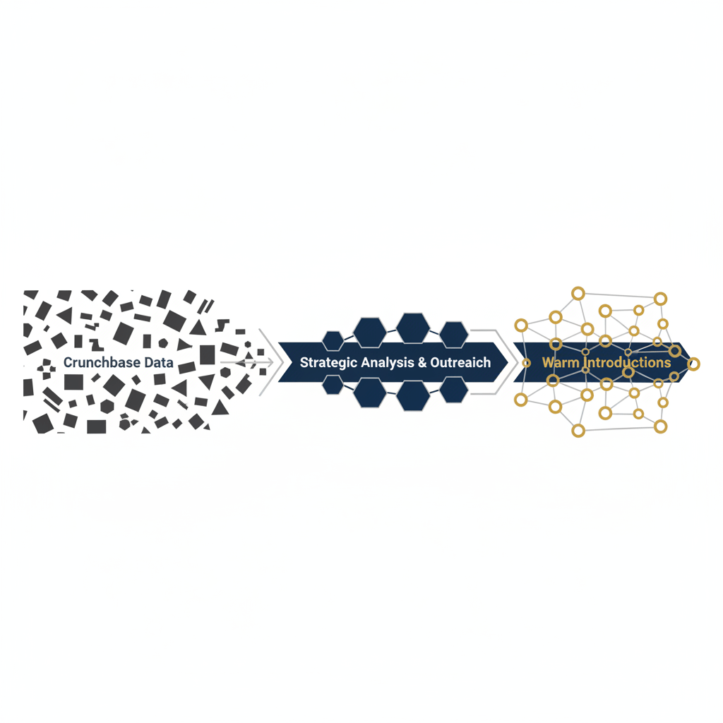 Infographic showing a process funnel from public Crunchbase data to warm introductions, represented by raw data evolving into connected network nodes.