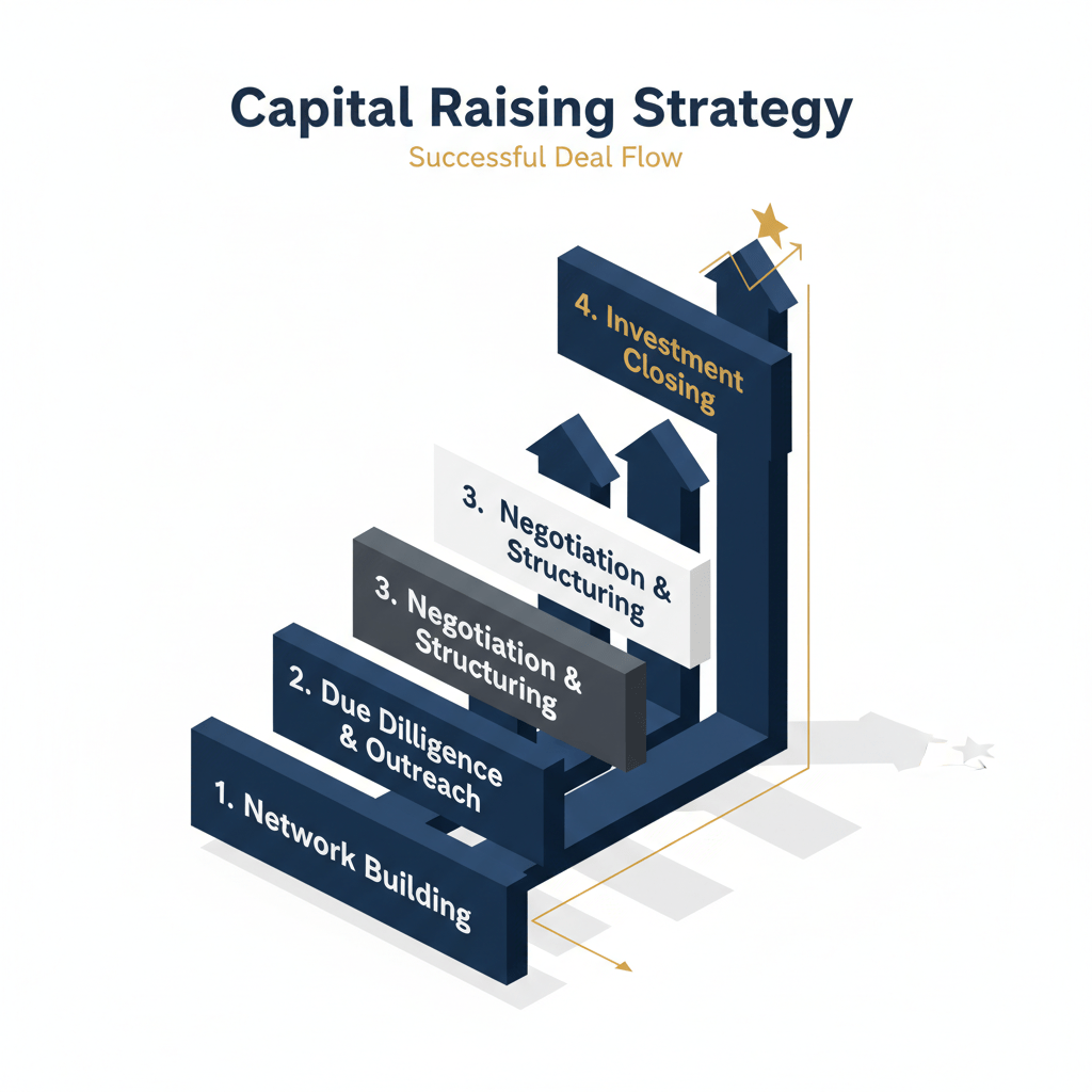 Infographic showing a step-by-step successful capital raising strategy pipeline.