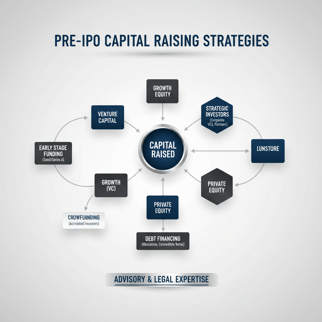 Infographic showing a strategic hierarchy of interconnected nodes representing the best Pre-IPO capital raising strategies, with directional flow towards capital raising success.