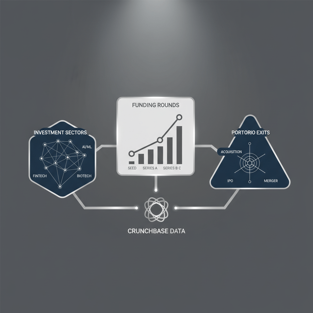 Infographic showing a structured dashboard with interconnected geometric panels, representing key insights from a Crunchbase profile.