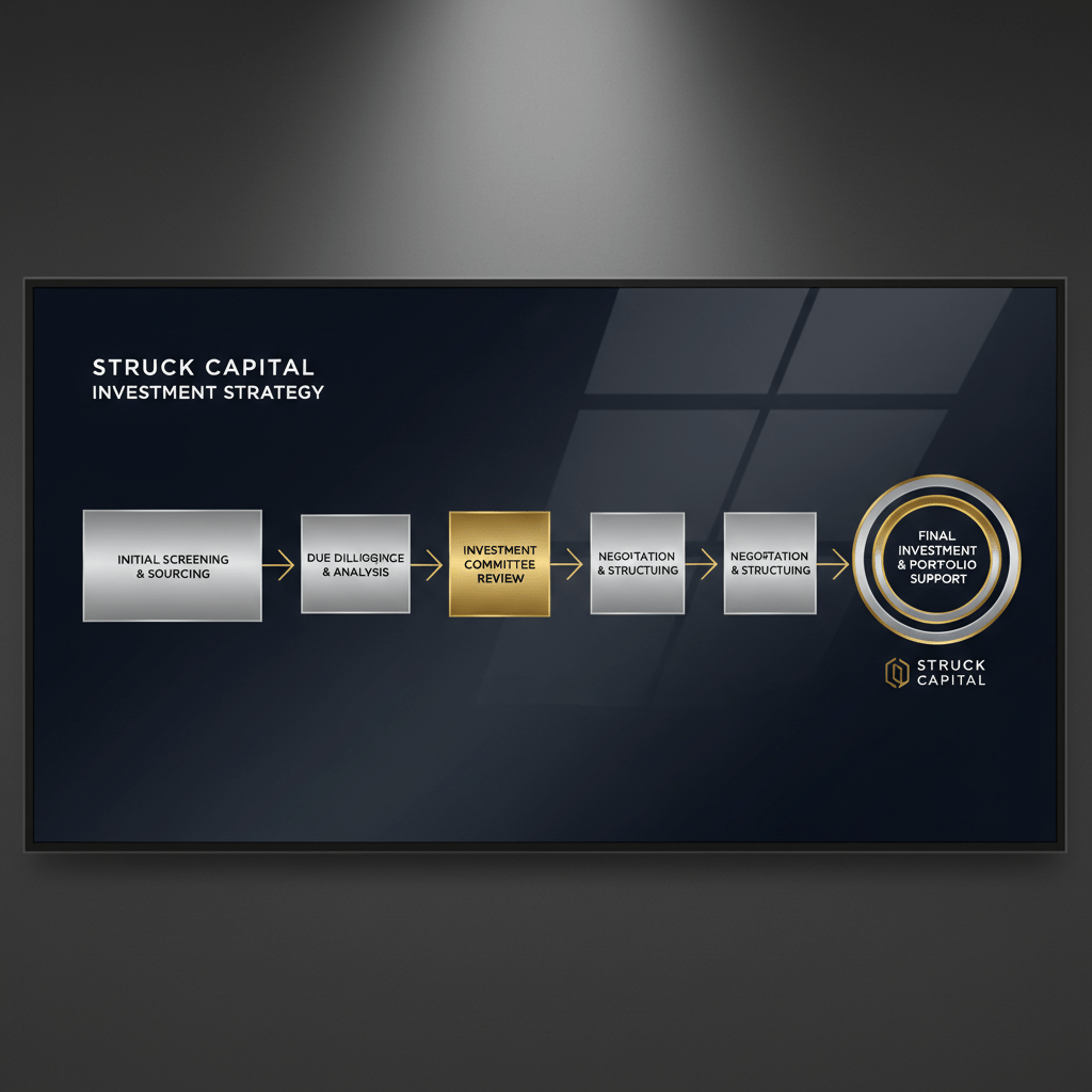 Infographic showing Struck Capital's investment strategy as a multi-stage deal-flow pipeline with clear geometric shapes and metallic accents.