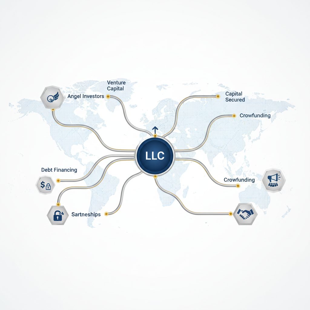 Infographic showing various capital raising pathways for an LLC, including Angel Investors, Venture Capital, Debt Financing, Crowdfunding, and Strategic Partnerships, with a global network overlay.