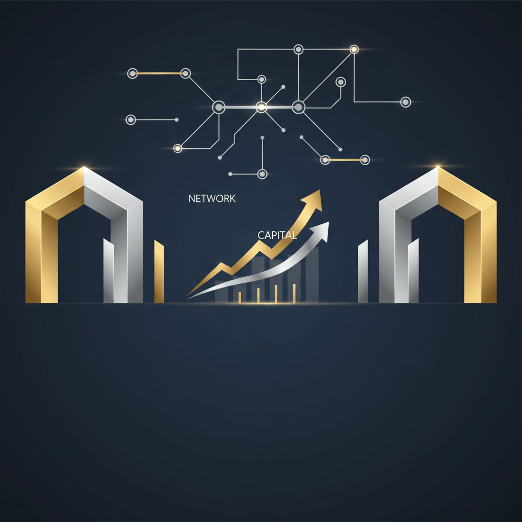 Infographic-style header image illustrating interconnected investor networks and capital flow using geometric shapes, node maps, and metallic accents on a dark background. Symbolizes strategic capital raising and warm introductions for founders.