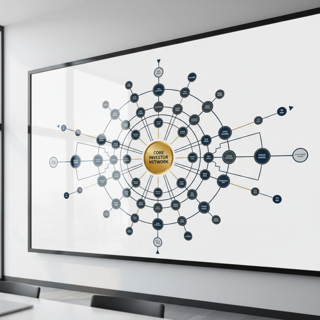 Infographic visualizing a dense, interconnected investor community with strong, radiating connections.