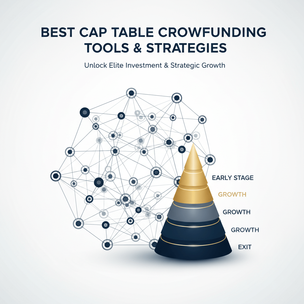 Premium minimalist infographic header. Features a conceptual, data-driven network graph of interconnected nodes and pathways, symbolizing investor networks and crowdfunding. This integrates with an ascending, multi-layered strategic framework, depicting capital raising progression and growth. Styled with clean geometric shapes, metallic silver and gold accents, and a deep navy, charcoal, white color palette, conveying professionalism and strategic foresight.