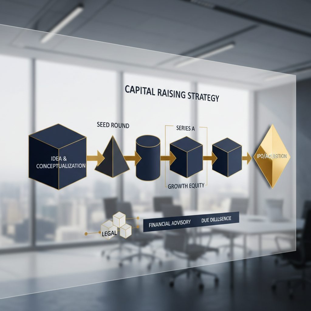 Structured infographic illustrating a multi-stage capital raising strategy, showing a clear progression from concept to successful funding.