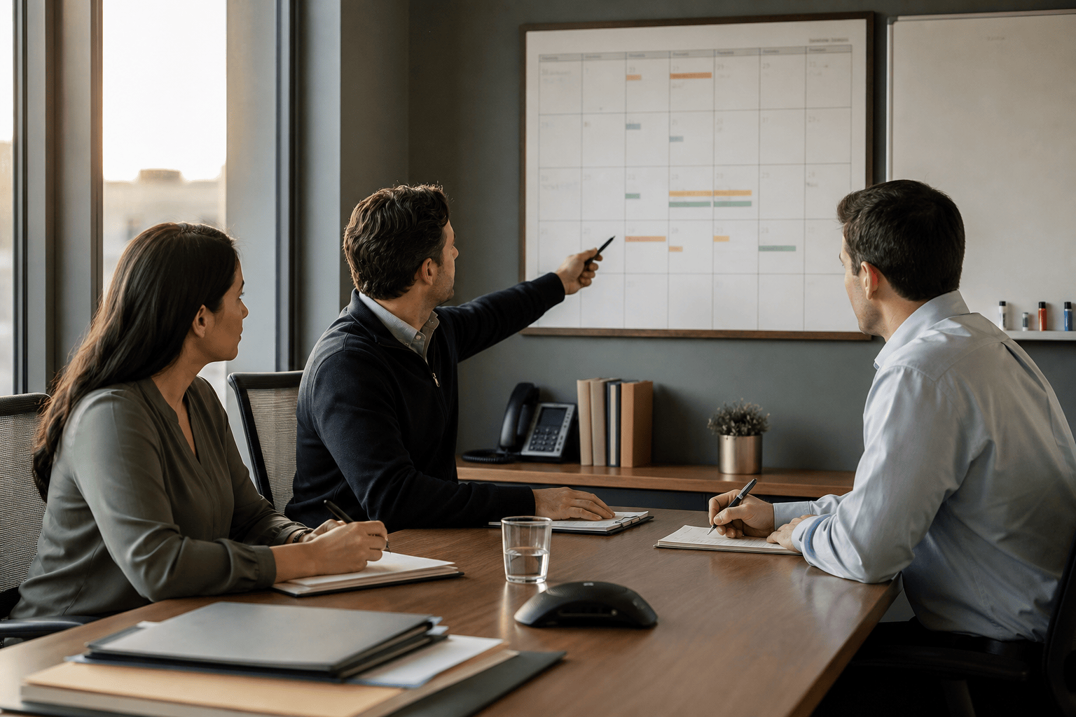 Deal team aligning owners and dates on a closing calendar