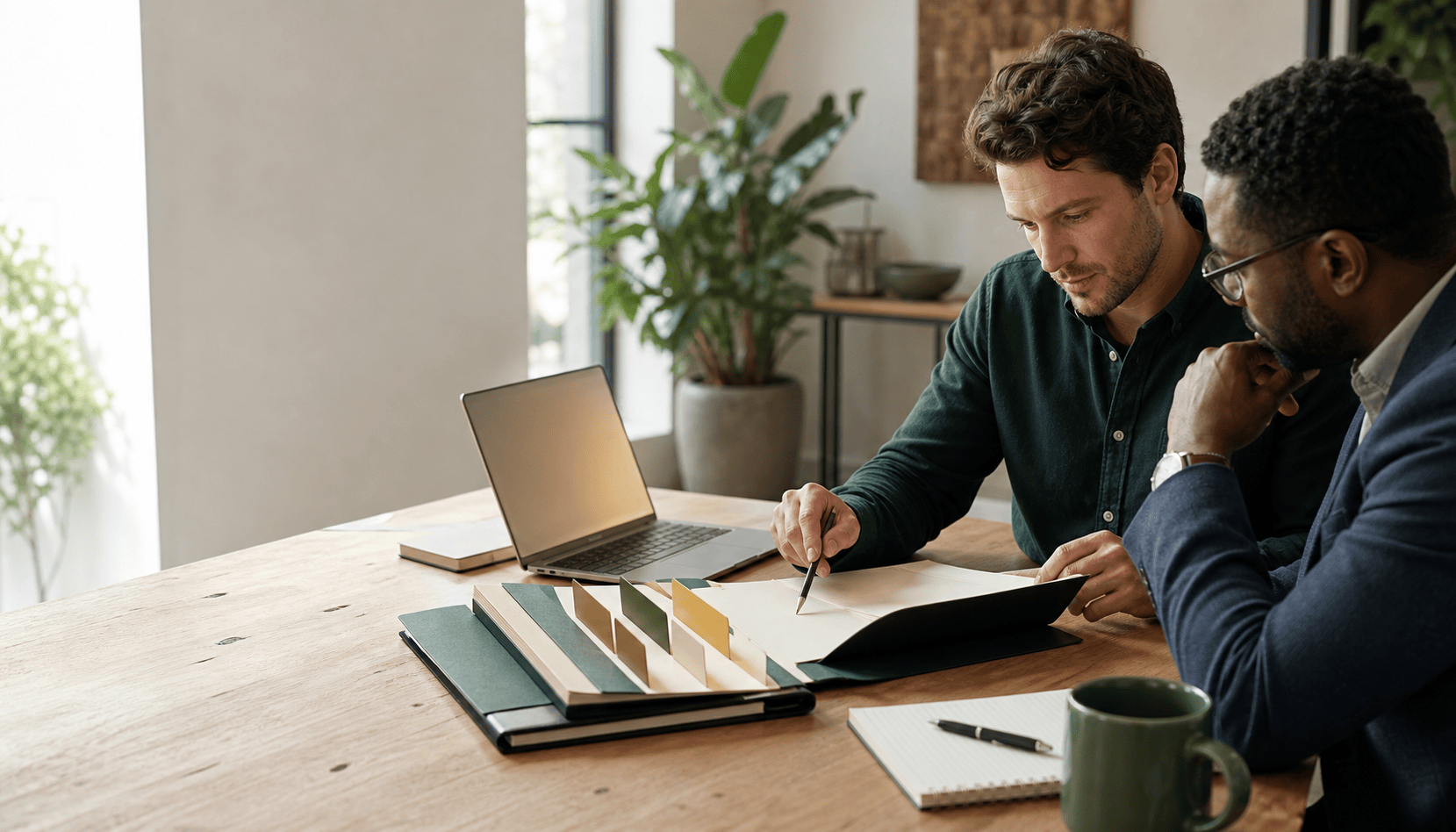 Founder and adviser reviewing business funding playbooks at a table
