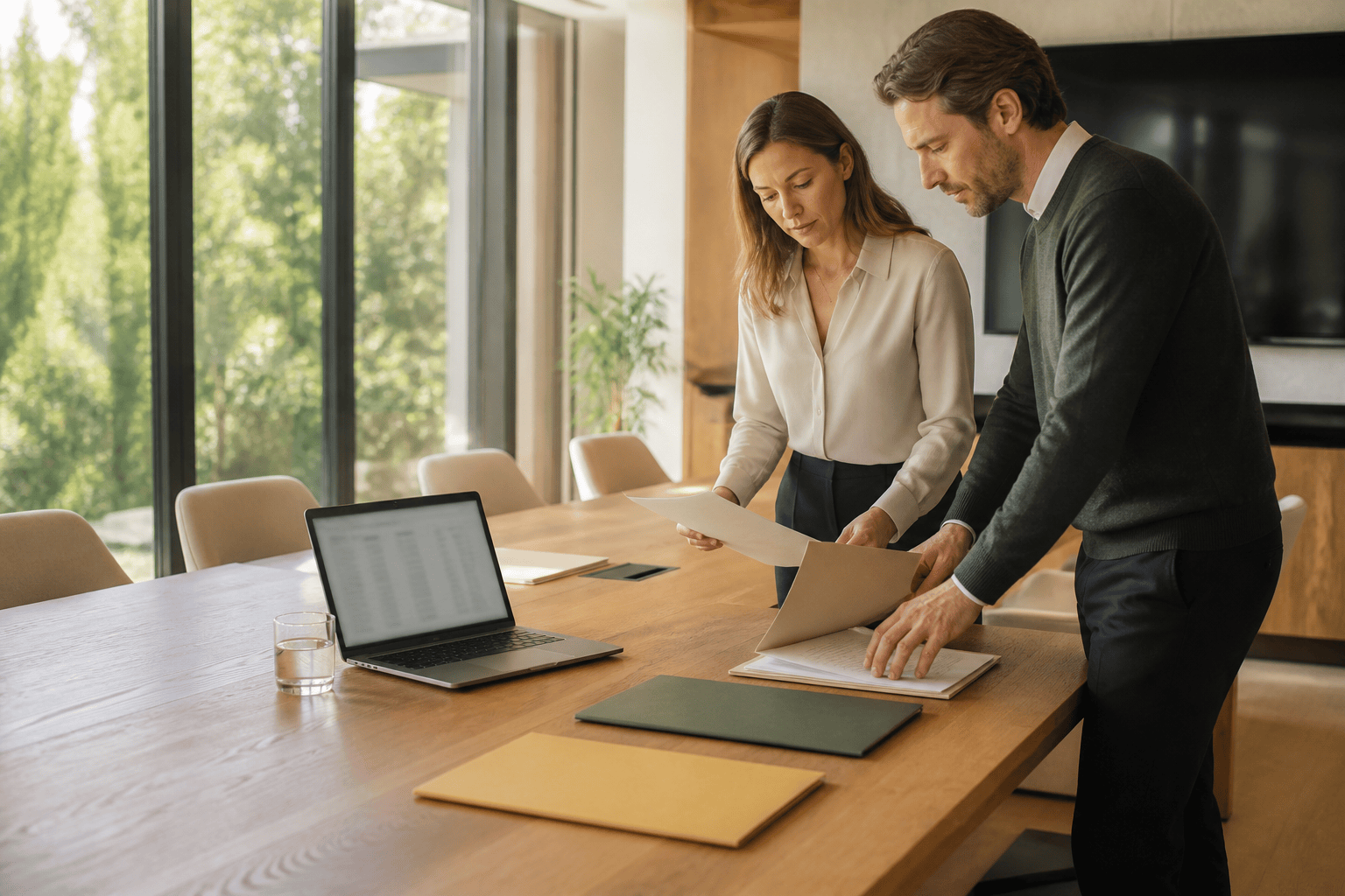 Founder and adviser organizing folders and evidence for a funding deal room